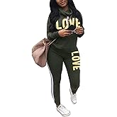 Angsuttc Women's Letter Print 2 Piece Outfits Cowl Neck Long Sleeve Sweatshirt and Pants Set Tracksuit