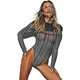 Women's Sexy Bodysuit Long Sleeve Round Neck Sheer Mesh Letter Print See Through Tops Clubwear Going Out Rompers