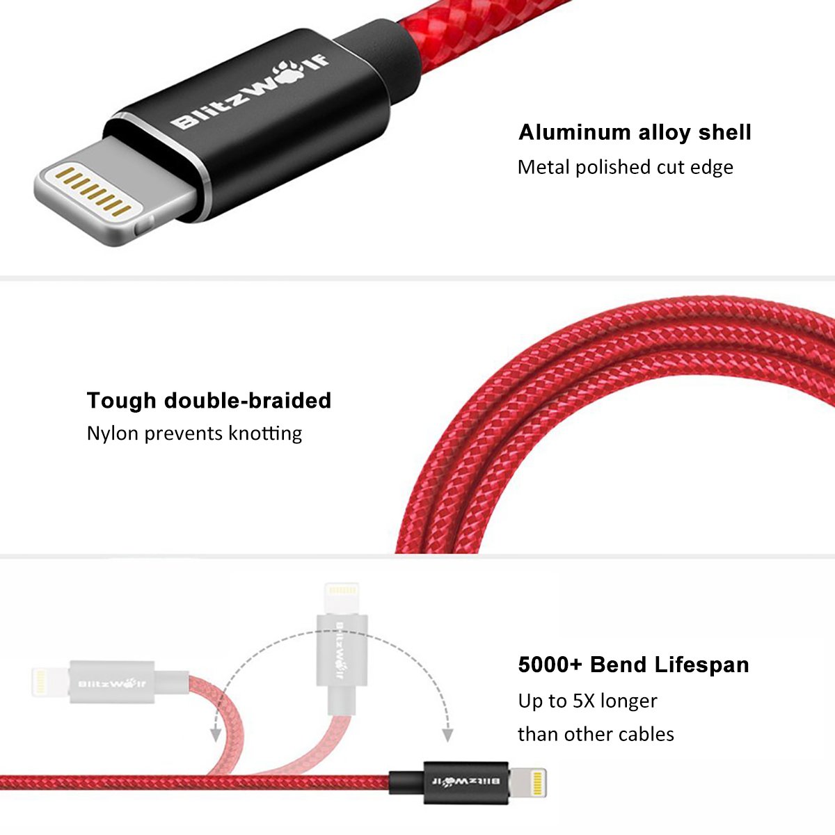 Lightning Cable Apple MFI Certified, BlitzWolf 1.8m 2.4A Nylon Braided Lightning to USB Cable with Magic Tape Strap for iPhone SE / 7 / 7 Plus / 6 / 6s / 6 Plus / 6s Plus, iPhone 5 / 5s / 5c, iPad Air, iPad mini, iPad Pro, iPod Touch, iPad(