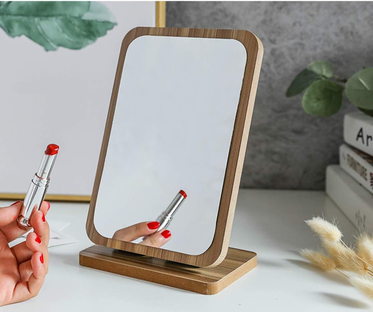 Table Stand up Makeup Wood Frame Mirror Compact Portable Folding Travel Mirror Vanity Rustic Finish Large Tabletop Mirror for Dresser Bedroom Bathroom Office Decorative Countertop Adjustable Angle