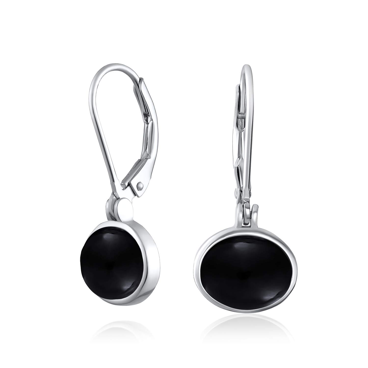 Simple Plain Bezel Set Lever Back Black Onyx Oval Gemstones Drop Earrings For Women Teen .925 Sterling Silver 7MM