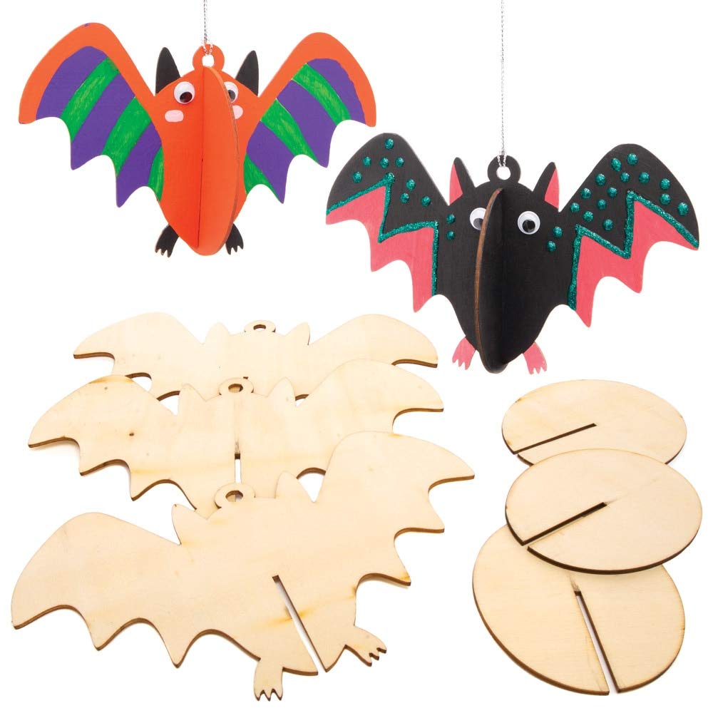Baker Ross Halloween Bat Decorations 3D Wooden Craft Bats (Pack of 6)