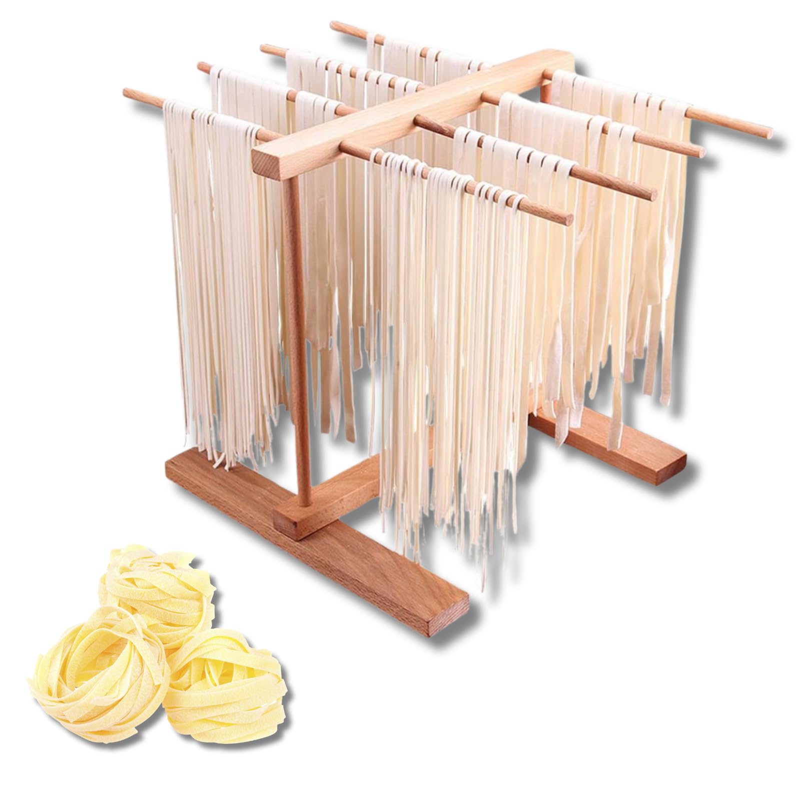Buachois Collapsible Wooden Noodle Drying Rack, 15.4 X 8.7 X 11.8in, Beechwood, Foldable Prevent Slipping for Home Kitchen Pasta Making