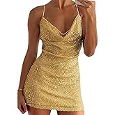 Sequin Glitter Mini Dress Cowl Neck Spaghetti Strap Backless Sexy Sparkling Bodycon Dress for Cocktail Rave Party