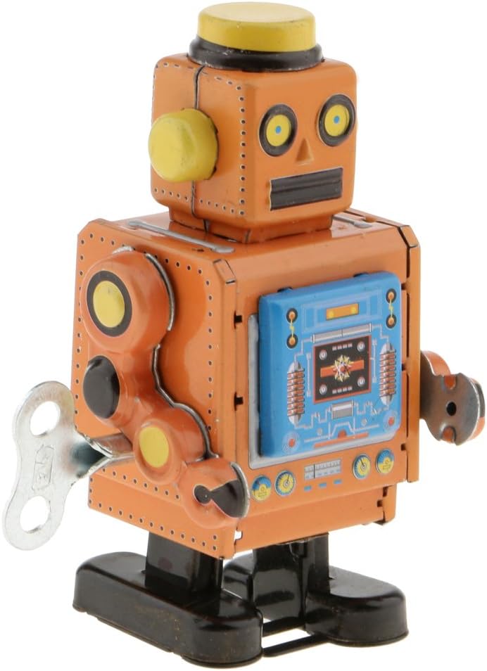 DYNWAVE Classic Tin Toy - Wind Up Robot Walking Mechanical Crafts - Clockwork Tin Robot Action Figures Toy- Party Favors Desk Novelty -Yellow