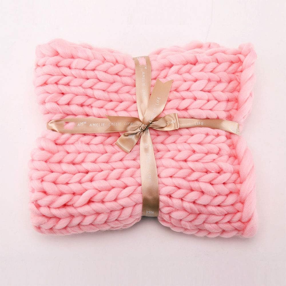 Dightyoho Chunky Knitted Blanket Wool Thick Bulky Knitting Throw Line Yarn Blanket for Bed Sofa (Pink)