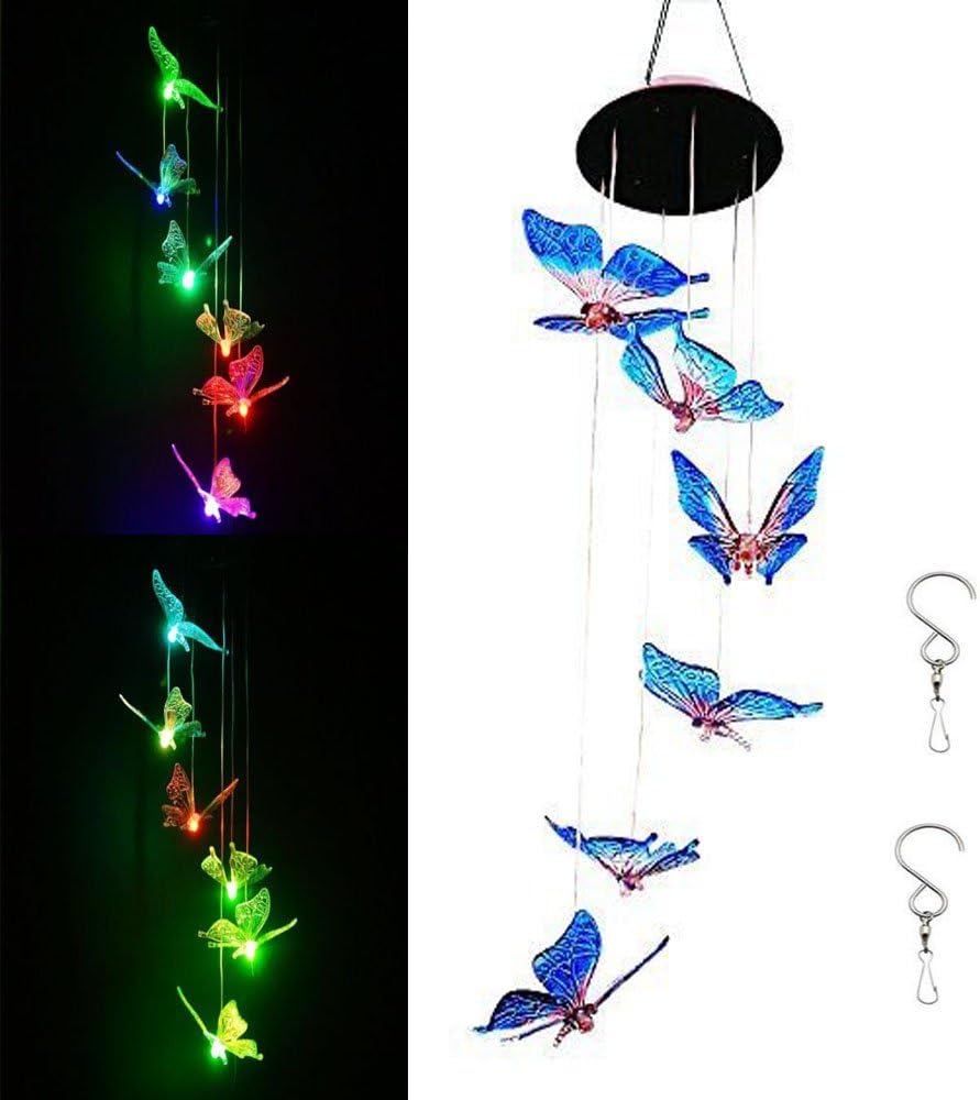 MIMINUO Color-Changing LED Solar Powered Wind Chimes, Hummingbird Solar Mobile Wind Chime,Waterproof LED Hanging Lamp Wind Chime for Home Yard Garden Party Christmas Decoration (Butterfly)