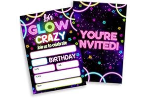 Sahjzk Glow Party Invitations, 20 Double-Sided Fill-In Neon Themed Glow Crazy Party Birthday Invitation with Envelopes for Boys Girls, Party Invite Cards (4×6 inch)-B06