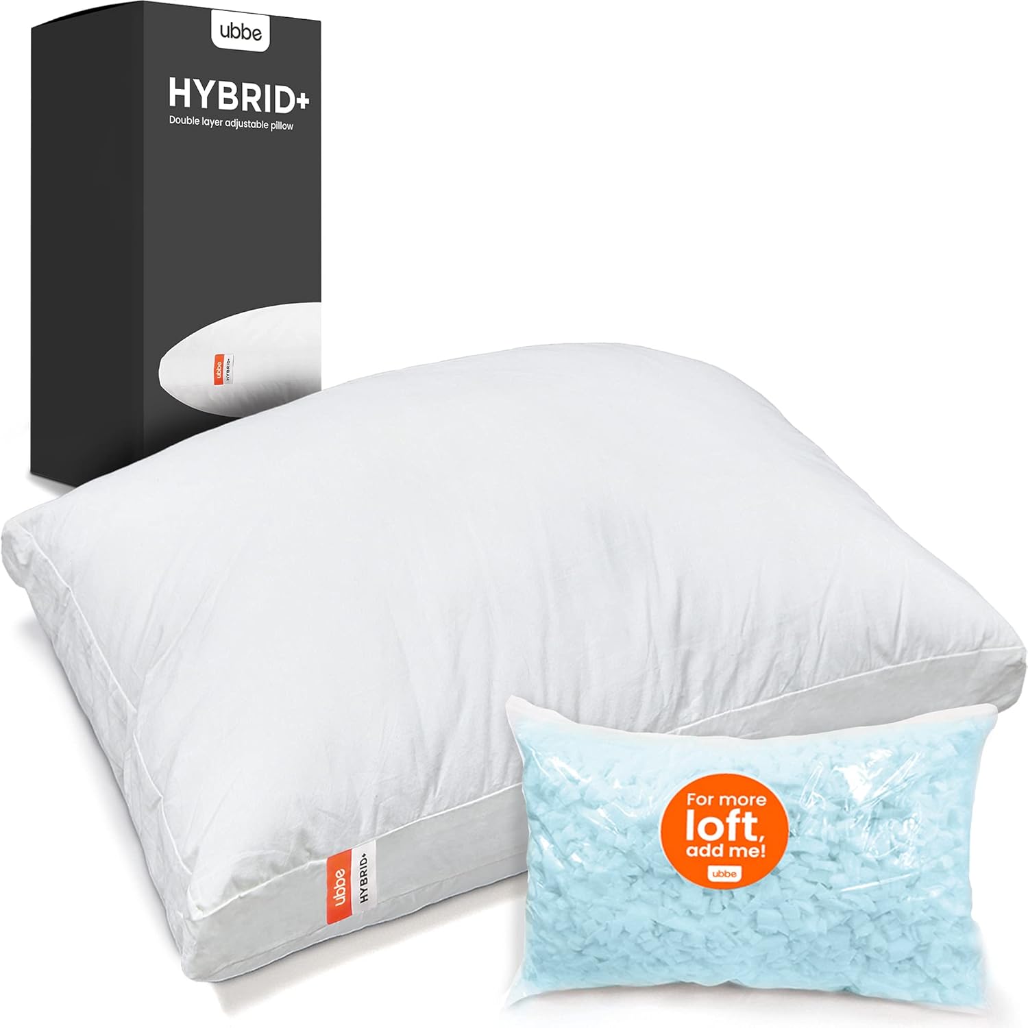 Ubbe Hybrid+ Adjustable Premium Pillow - Double Layer Hybrid Construction - Hypoallergenic Shredded Cool Gel Memory Foam and Microfibers - 100% Cotton Cover - CertiPur-US (Queen 17.7in x 29in)