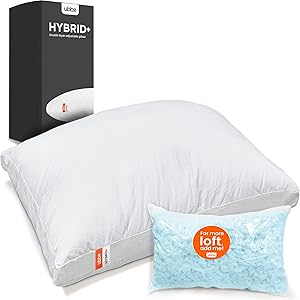 Ubbe Hybrid+ Adjustable Premium Pillow - Double Layer Hybrid Construction - Hypoallergenic Shredded Cool Gel Memory Foam and Microfibers - 100% Cotton Cover - CertiPur-US (Queen 17.7in x 29in)