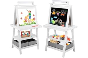 Kinder King 3 in 1 Kids Art Easel w/Storage, Double-Sided Magnetic Whiteboard & Chalkboard, Dry-Erase Board w/Paper Roller, Toddler Children Standing Easel for Painting & Drawing, Accessories, White