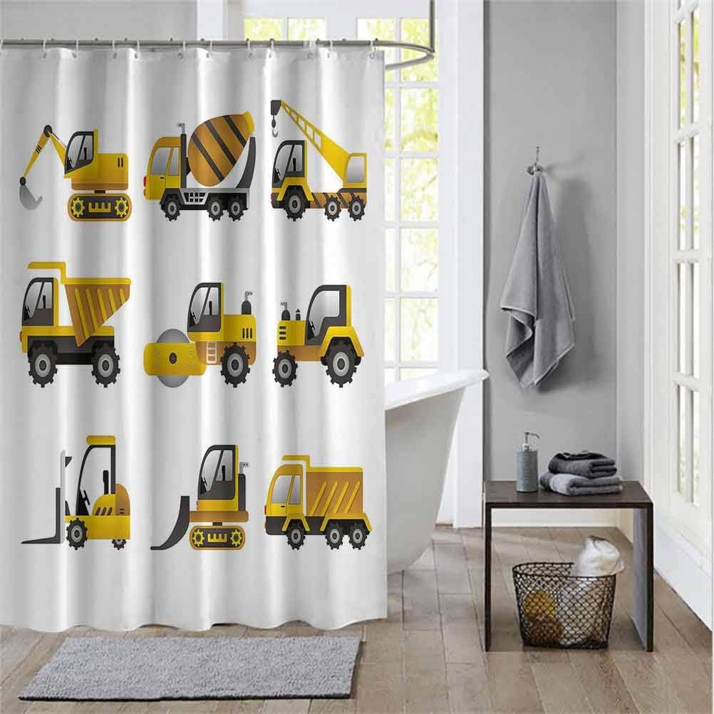 Decorative Spa Hotel Heavy Weighted Bathroom Curtains Construction,Big Vehicles Icon Collection Engineering Building Theme Clip Art Style,Yellow Grey White for Bathroom Bath Screen Home Decoration