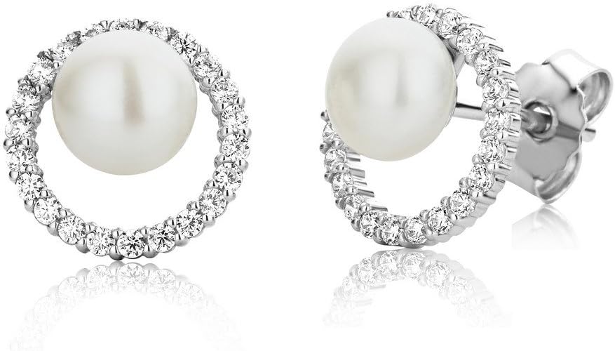 MIOREWomen's Silver Zirconia Freshwater Pearl Earrings 925 Sterling Silver Brilliant Cut Cubic Zirconia (0.70 Cts) White Pearl (6mm) Studs