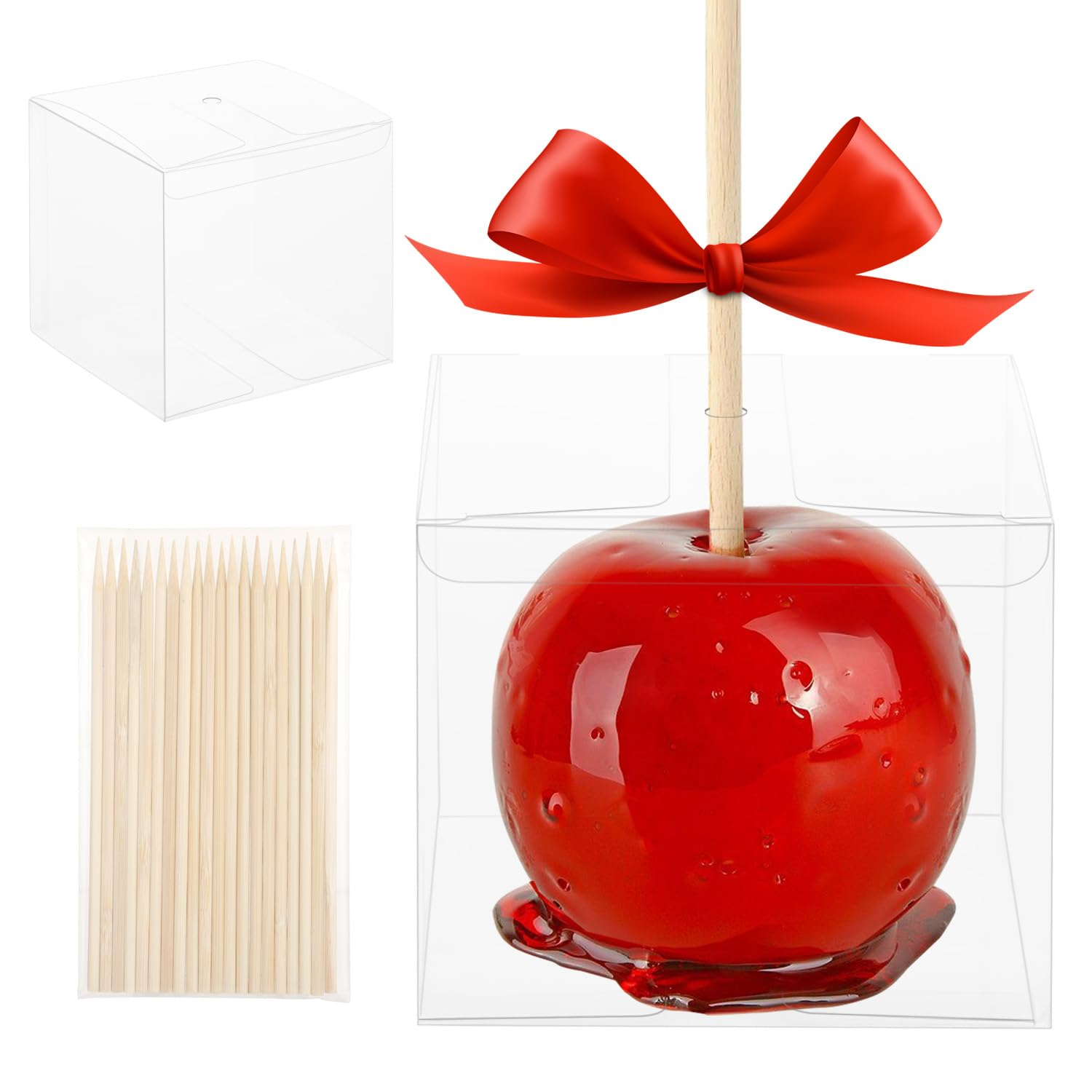 Photo 1 of 20 Pack Clear Candy Apple Gift Boxes with Sticks, 4x4x4 Inch Plastic Containers for Caramel Apples Cake Pops Cookies Chocolates, Party Favors, Holiday Treats, Homemade Desserts
