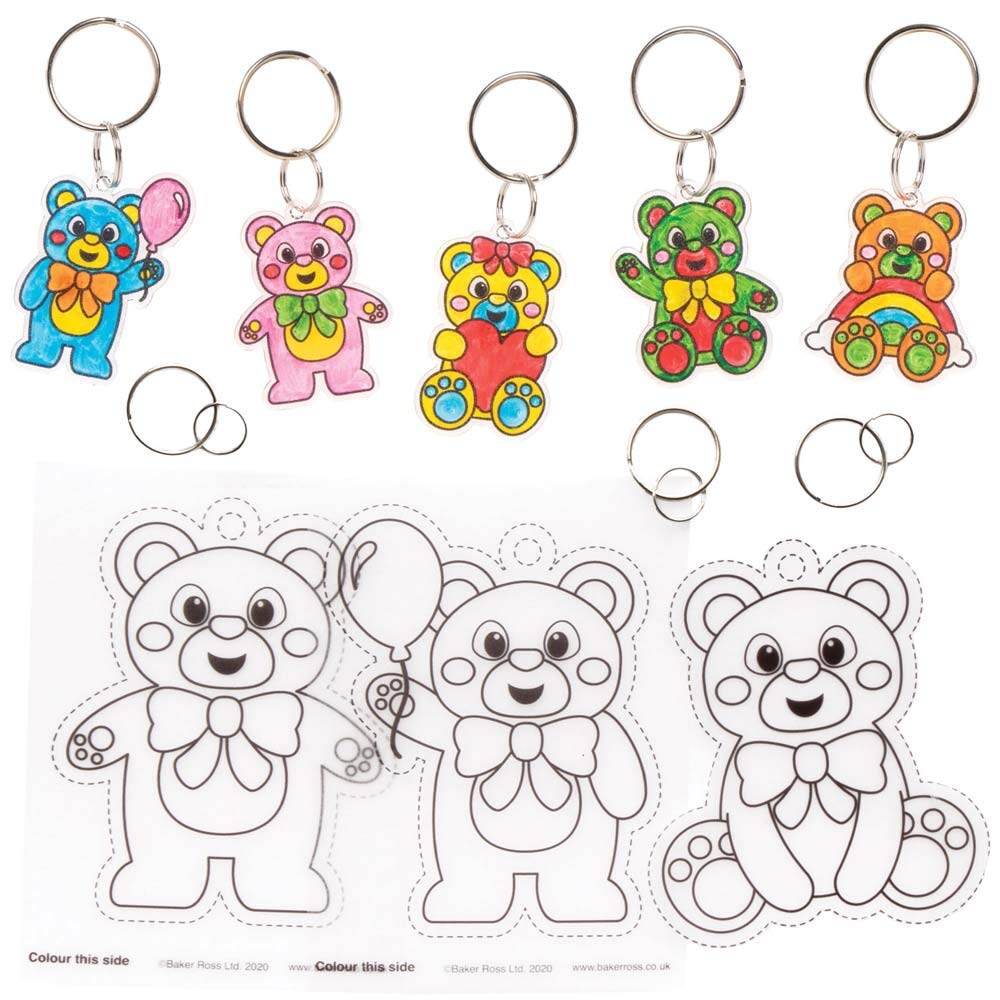 Baker Ross FE358 Teddy Bear Super Shrink Keyrings - Pack of 8, Keyrings for Crafts to Colour in, Make and Display, Make Your Own for Kids