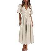Woolicity Womens Summer Maxi Dress Wrap V Neck Short Sleeve Beach Flowy Long Dresses Apricot XL