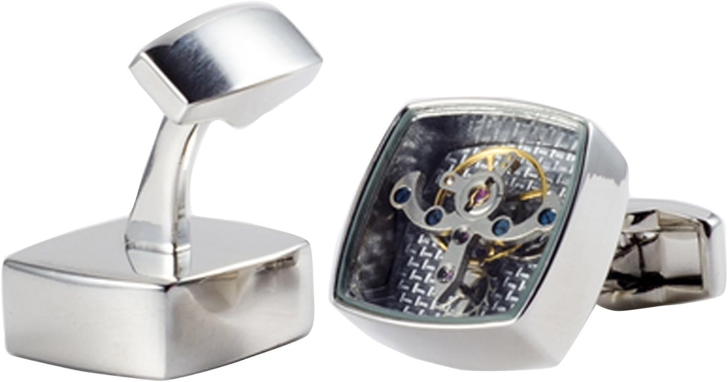 Lehang8899 Silver Square Rotating Tourbillon Movement Mechanical Watch Cufflinks French Cuff Links