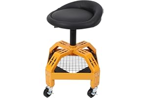 Euker Rolling Garage Stool with Wheels, Garage Work Mechanic Stool with Backrest, Double Mesh Frame, Mechanic Chair, Adjustable Height, 360° Swivel, Tool Tray Storage, 300 LBS Capacity, Heavy Duty