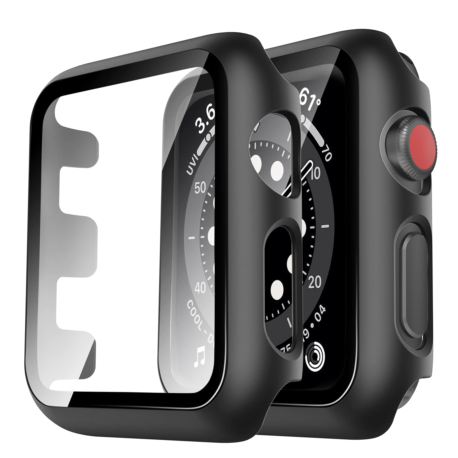TAURI 2 Pack Hard Case for Apple Watch Series 3/2/1 38mm with 9H Tempered Glass Screen Protector, [Touch Sensitive] [Full Coverage] Slim Bumper Protective Cover for iWatch 38mm - Black
