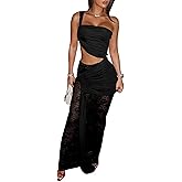 Womens One Off Shoulder Maxi Dresses Sexy Bodycon Mesh Lace Ruched Split Hollow Out Wrap Dress Cocktail Party Clubwear