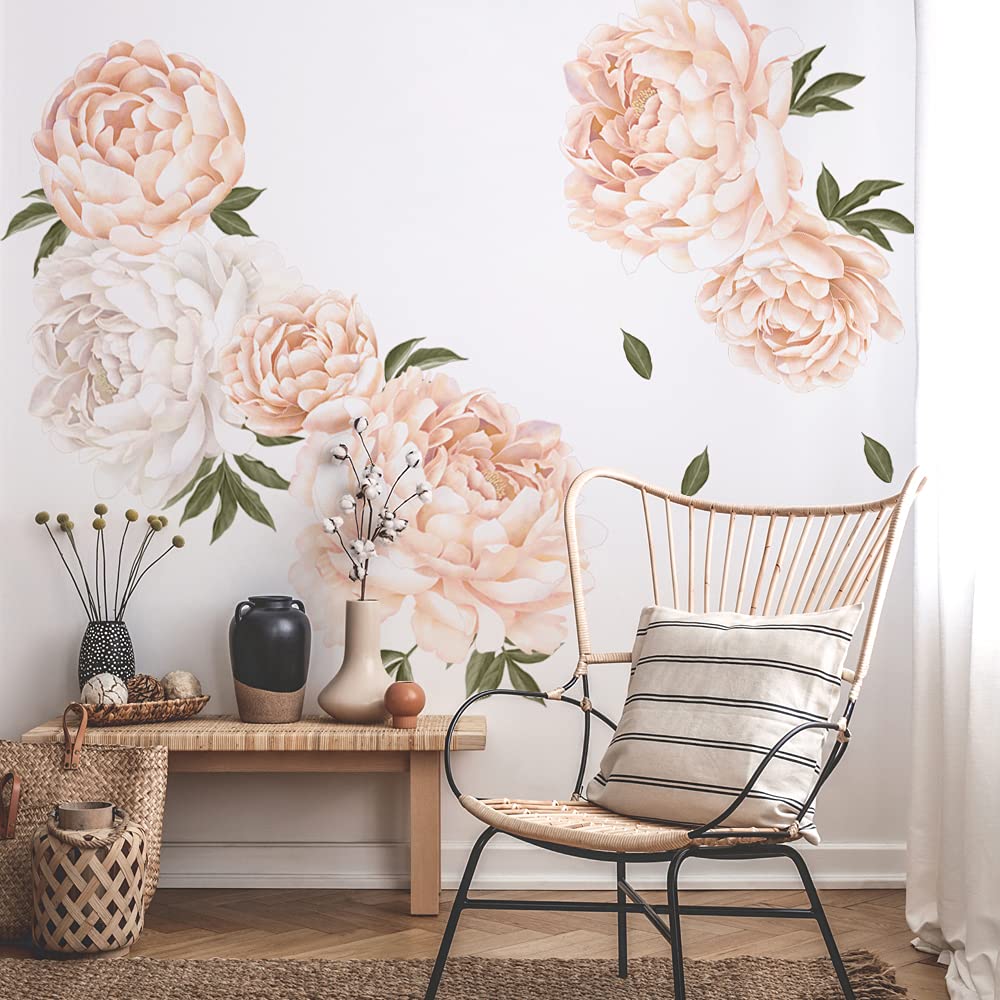 Orange Peony Leaves Wall Sticker, Removable Watercolor Wall Decals, Peel and Stick Wall Art Murals for Home Nursery Decoration Living Room Office Bathroom Kitchen Decor