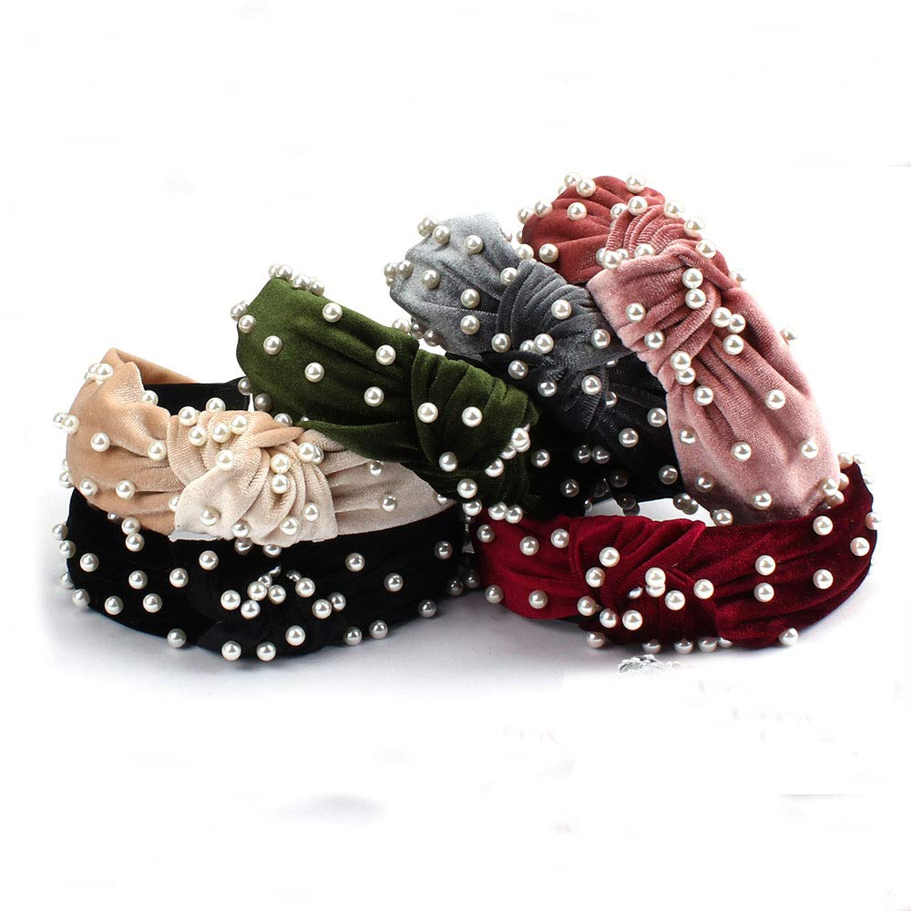6 Pack Wide Headbands for Women, Pearl Knotted Headbands