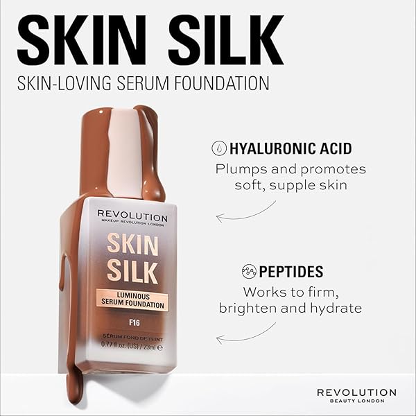 REVOLUTION SKIN SILK RADIANT SATIN SERUM FOUNDATION, BUILDABLE COVERAGE WITH HYDRATING HYALURONIC ACID FOR A NATURAL FINISH, VEGAN & CRUELTY-FREE, F12C TAN SKIN TONES, 0.77 FL OZ