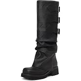 AIUNIIND Women's Knee High Moto Riding Boots, Fold Over Block Heel Platform | Adjustable Buckle, 2 inch Low Chunky Heel, Square Toe, Tall Slouchy Biker Motorcycle Boots, Comfy for Daily Concert Festival