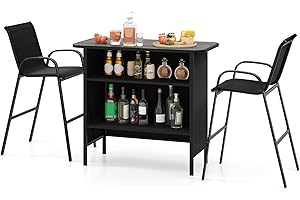 Tangkula 3 Piece Outdoor Bar Set, Patio Bar Height Table & Armchairs with Footrest, Wood Plastic Tabletop & 2-Tier Shelf, Heavy-Duty Metal Barstools & Table Furniture for Backyard, Poolside (Black)