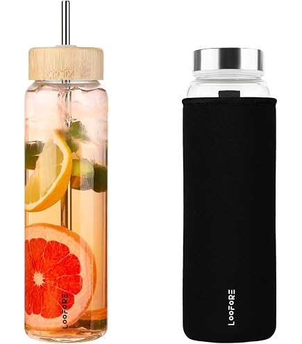 LPAMABA Borraccia in Vetro 550ml, Termica e Infrangibile Con Protezione in Bambù, Riutilizzabile Con Tappo Bambù, Senza BPA, Per Sport Palestra Viaggi