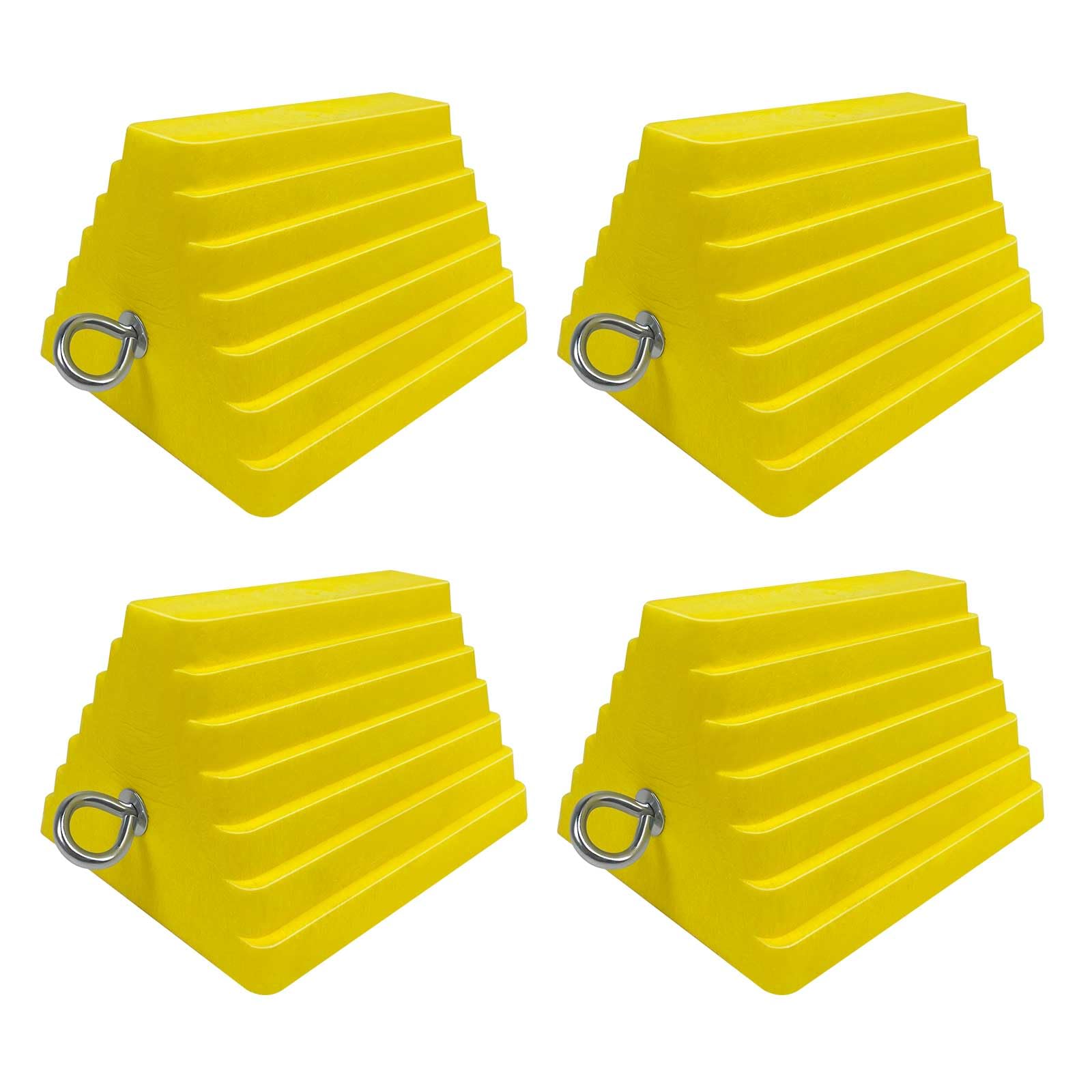 Photo 1 of ROBLOCK 4 Packs Wheel Chocks Heavy Duty Yellow with Eyebolt for Travel Trailer Camper, Truck, Car and ATV(Yellow)