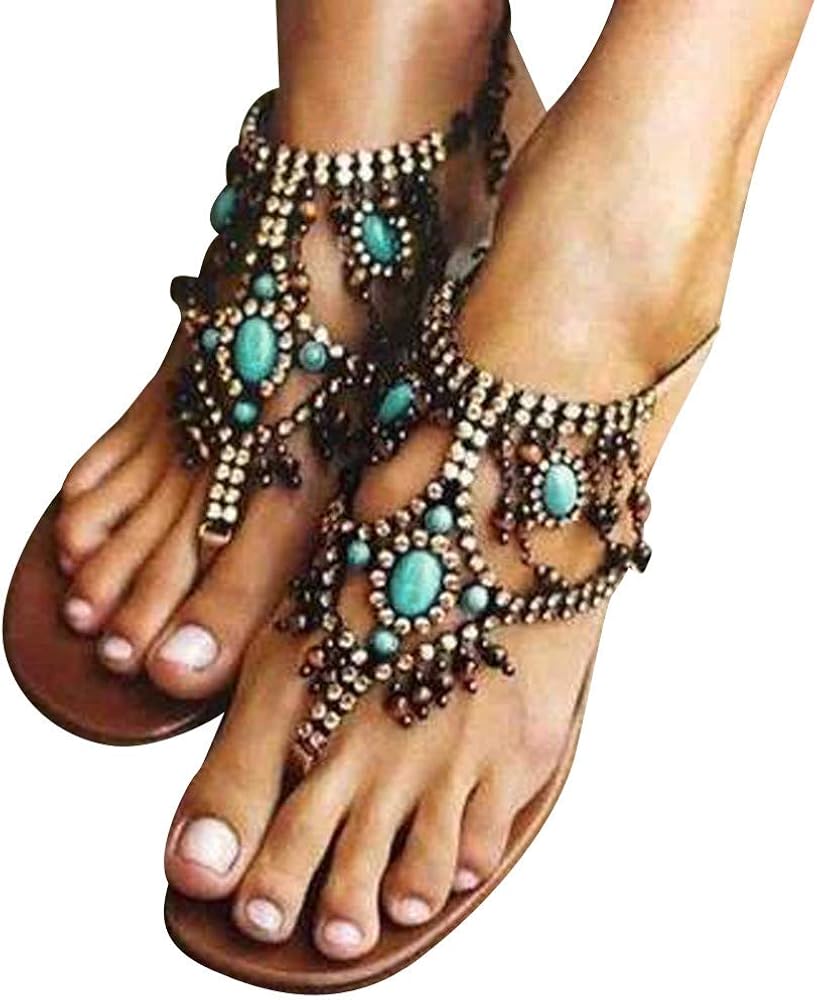 sandals with beads around the ankle