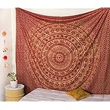 Popular Handicrafts Elephant Tapestry Wall Hanging Hippie Bohemian Mandala Wall Art with Metallic Shine Tapestries (215x230cms) Maroon and Gold