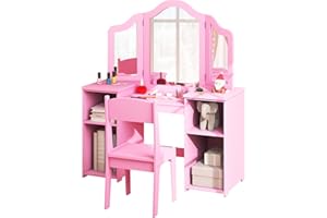Costzon Kids 2-in-1 Princess Makeup Desk & Chair with Detachable Mirror, Shelves, Dressing Table for Little Girls (Pink)