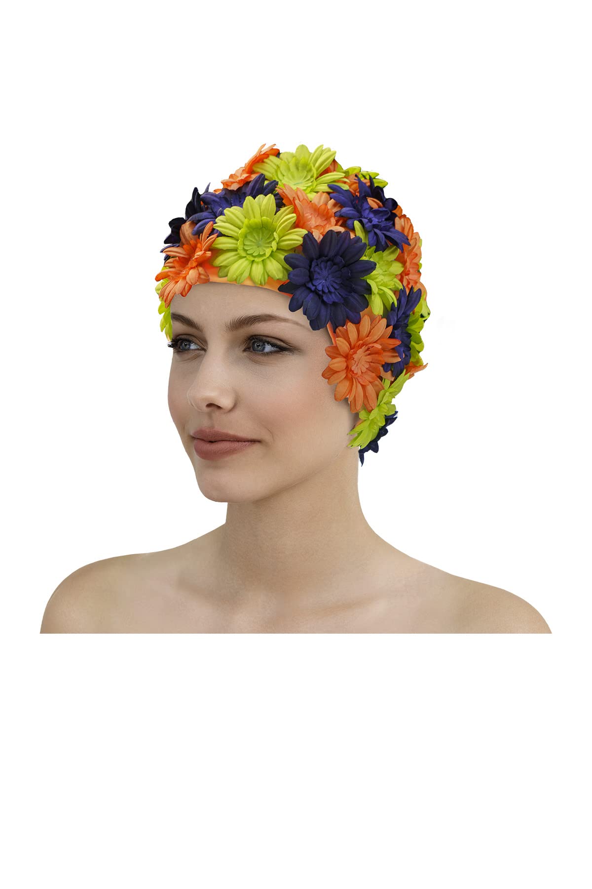 Fashy 3454 Fabric Swimming Cap with Flowers Nylon Orange Blue Green