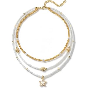 Shell Necklace for Women, 14k Gold Plated White Pearl Beaded Adjustable Boho Layered Seashell Necklaces Starfish Conch Pendan