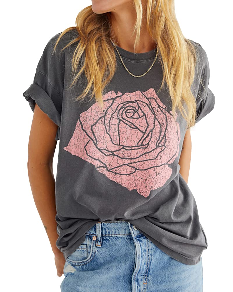 Photo 1 of Womens Rose Graphic Tee T Shirt Loose Fit Summer Short Sleeve Casual Boyfriend Crew Neck Tops 2XL