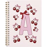 Rusenbao Personalized Cute Cherry Notebook Journal, Custom Initial Coquette Pink Bow Notebook for School Women Girls, Customized Gifts, Monogrammed Gifts for Women, Spiral Notebook 5.5 x 8.3(Letter A)