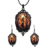 POTIANDEFUGUI Gothic Crow Cat Rose Witch Bat Earrings Necklace Set Gothic Crystal Glass Cameo Earrings Necklace Goth Victorian Necklace Earring Vintage Satan Devil Halloween Jewelry for Women