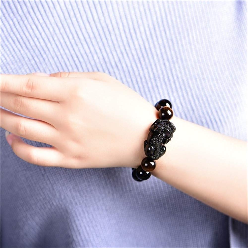 Feng Shui The Best 10mm Black Hand Carved Mantra Bead Bracelet with Obsidian Pi Xiu/Pi Yao Lucky Wealthy Amulet Brecelet with Tiger's Eye/Black Stone