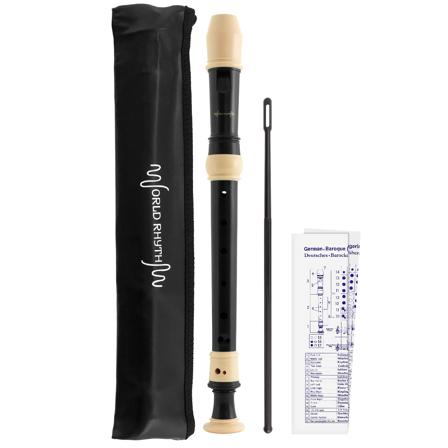 World Rhythm WR-805 Descant School Recorder with Bag, Cleaning Rod and Fingering Chart - Soprano - English/Baroque Fingering - Black & Ivory