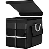 VCYOPN Trunk Organizer with Lid, 28L Collapsible Car Storage Organizer with Aluminum Handles &amp; Reflective Strip, Waterproof Oxford 2-Compartment Cargo Storage Box for Sedan SUV Truck (Black)