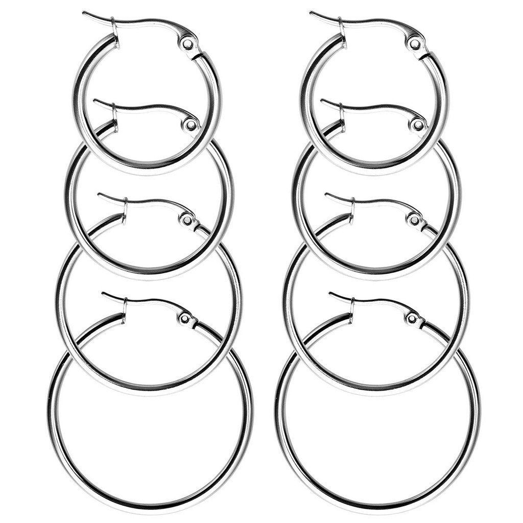 PiercingJ 8pcs Mixed Women\'s Stainless Steel Silver Golden Rose Gold Small Round Hoop Earrings