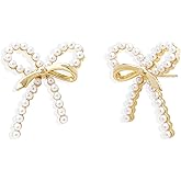 Jean Beau Bow Pearl Stud Earrings for Women, Trendy Dainty Earring Wedding Prom Christmas Fashion Accessories Jewelry Gift