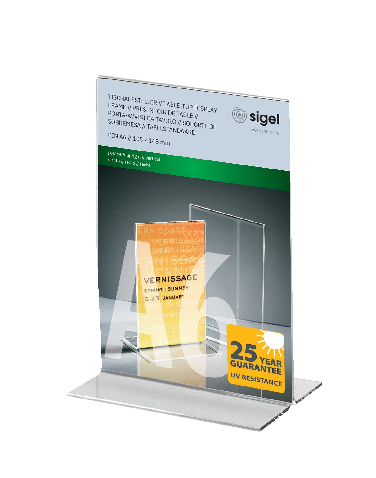 SIGEL TA226 Sign Holder, upright, for A6, double-sided presentation, uv resistant acrylic, transparent, 1 Piece