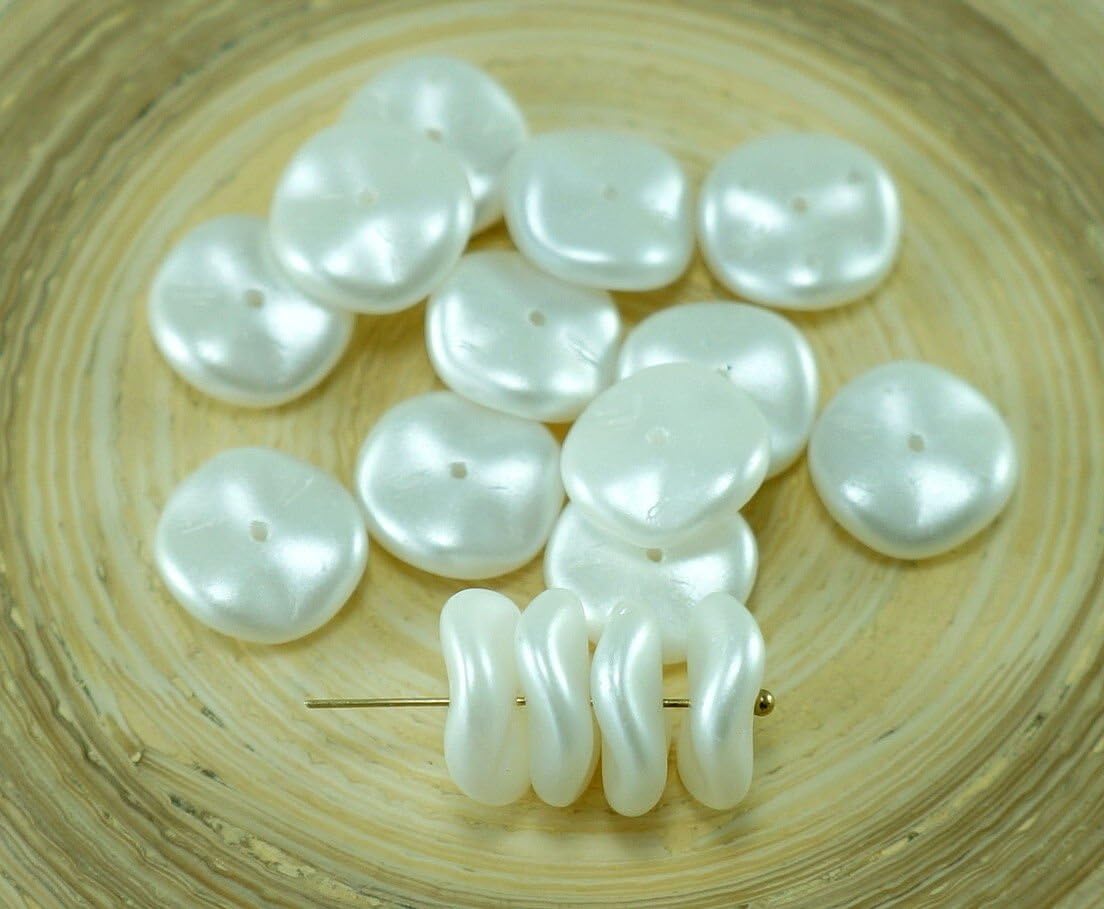 12pcs Pastel Snow White Perl RIPPLE Pressed Czech Glass Round Beads Waved Disk One Hole 12mm