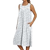 Bloggerlove Nightgowns for Women with Pockets Button Down Sleeveless House Dress Pleated Long Moomoo Nightgown Sleepwear