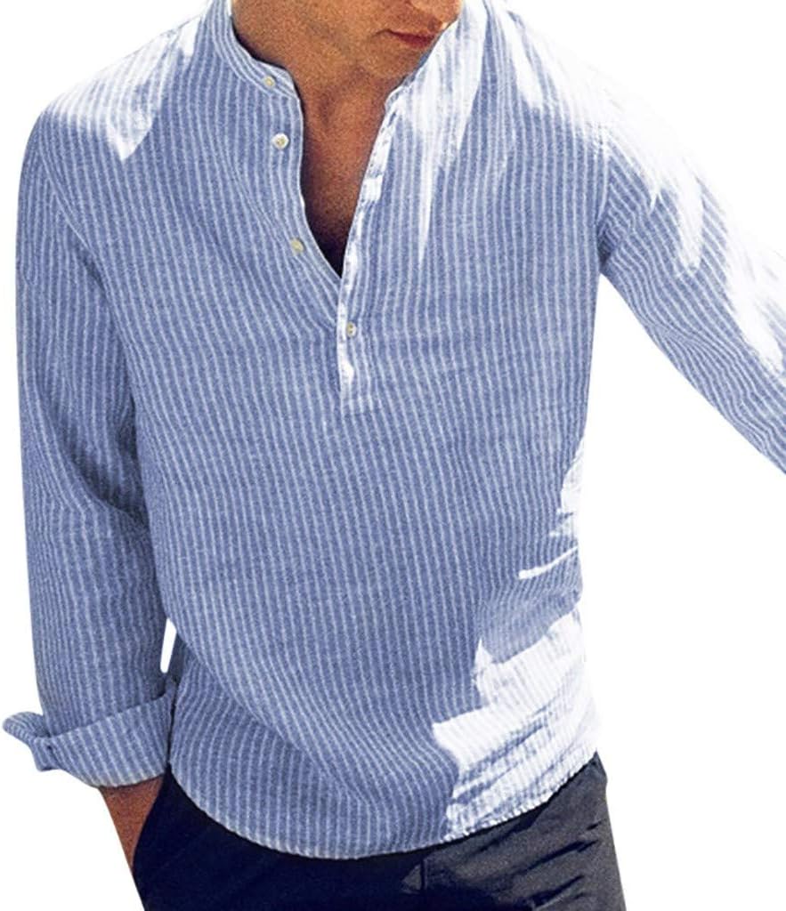 MIS1950s Men's Casual Long Sleeve Linen Henley T-Shirt Stripe Button Up Beach Yoga Top O-Neck Tops Tee Shi