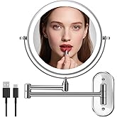 Rechargeable Lighted Wall Mounted Makeup Mirror, 8" Double-Sided Magnifying Mirror with Lights 20X, 3 Color and Switch Dimmable Shaving Mirror, 360 Rotation Foldable Bathroom Mirror, Chrome