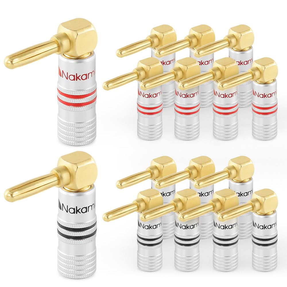 Nakamichi Excel Series 24k Gold Plated Banana Plug 12 AWG - 18 AWG Gauge Size 4mm Speakers Amplifier Hi-Fi AV Stereo Home Theatre Audio Wire Cable Screw Connector 16 Pcs (8-Pairs), Right Angle Plug